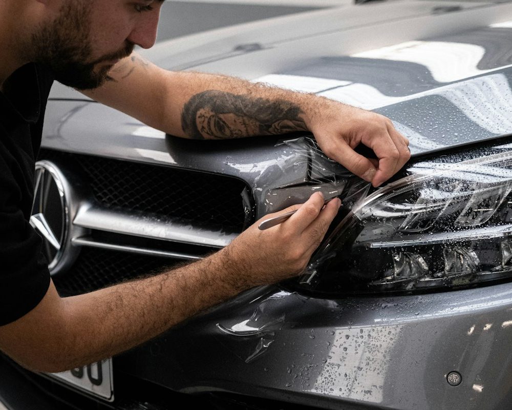 Foto ilustrativa: profissional fazendo acabamento no farol de um carro